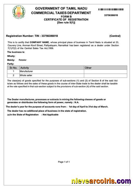 India Tamil Nadu certificate of registration, version 2
